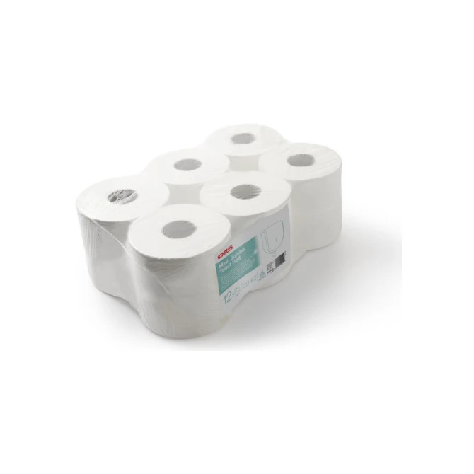 Staples Jumbo Mini Toiletpapier 2-laags Wit (pak 12 stuks)