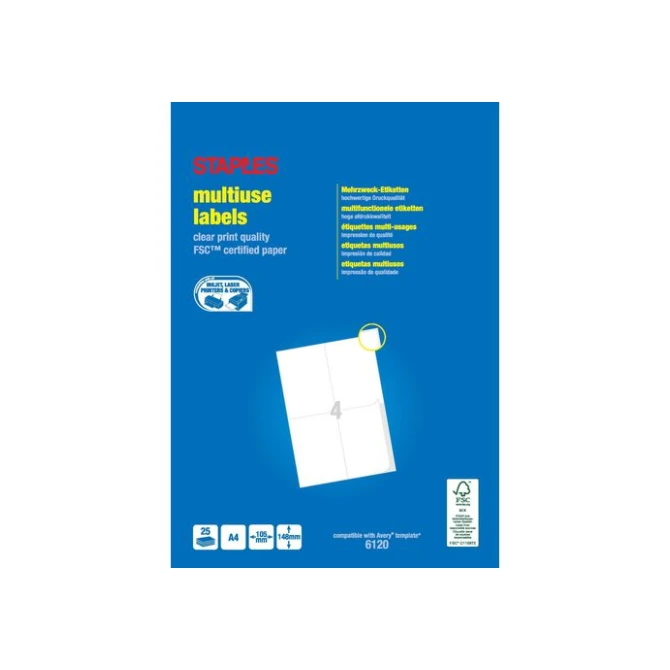 Staples Multifunctionele Etiketten 105 x 148 mm 4 Etiketten per vel Wit (pak 100 stuks) Staples Multifunctionele Etiketten 105 x 148 mm 4 Etiketten per vel Wit (pak 100 stuks)