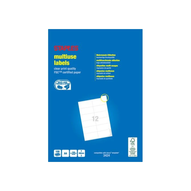 Staples Multifunctionele Etiketten Permanent Rechthoekig 105 x 48 mm 12 Etiketten per vel Wit (pak 1200 stuks) Staples Multifunctionele Etiketten Permanent Rechthoekig 105 x 48 mm 12 Etiketten per vel Wit (pak 1200 stuks)