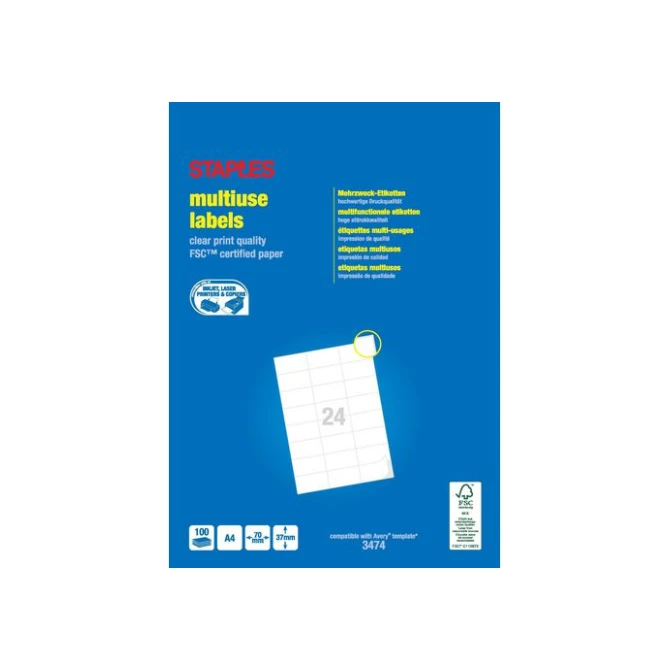 Staples Multifunctionele Etiketten Permanent Rechthoekig 70 x 37 mm 24 Etiketten per vel Wit (pak 2400 stuks) Staples Multifunctionele Etiketten Permanent Rechthoekig 70 x 37 mm 24 Etiketten per vel Wit (pak 2400 stuks)