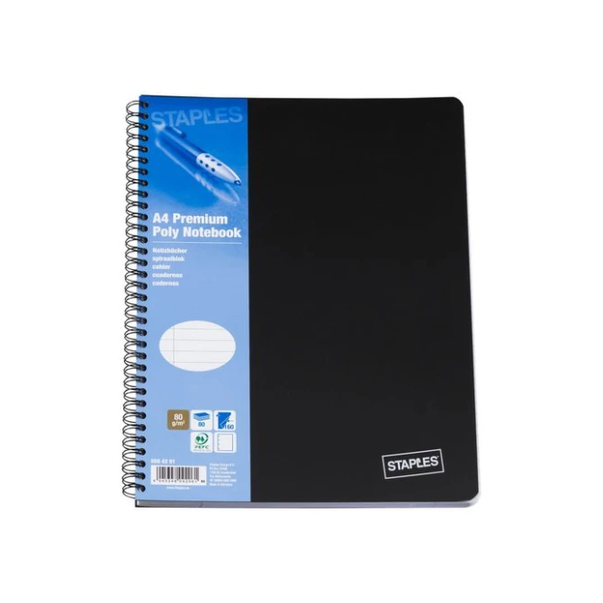 Staples Premium Spiraalblok A4 Gelinieerd 4-gaats Zwart Staples Premium Spiraalblok A4 Gelinieerd 4-gaats Zwart