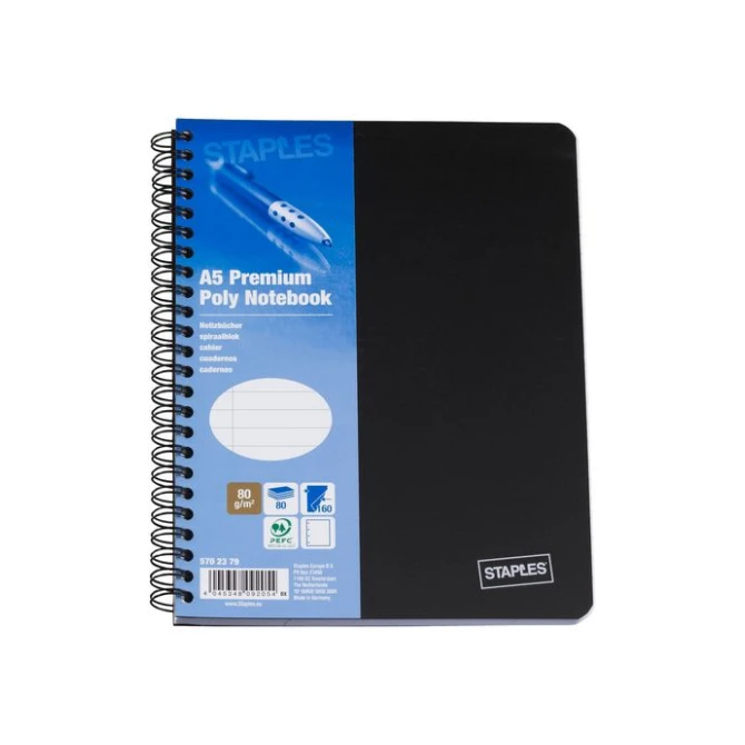Staples Premium Spiraalblok A5 Gelinieerd 4-gaats Zwart Staples Premium Spiraalblok A5 Gelinieerd 4-gaats Zwart