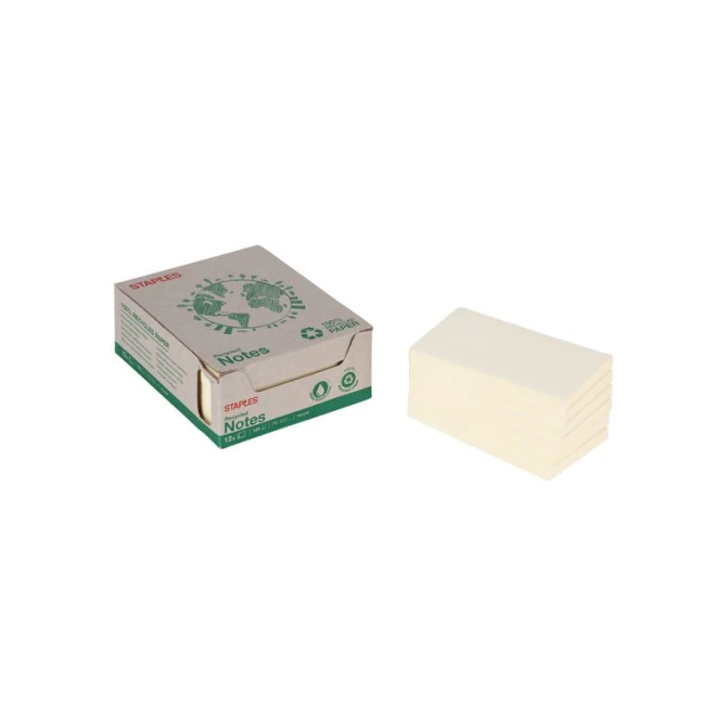 Staples Recycled Zelfklevend Notitieblok 76 x 127 mm 70 grams pastelgeel (pak 12 blokken)