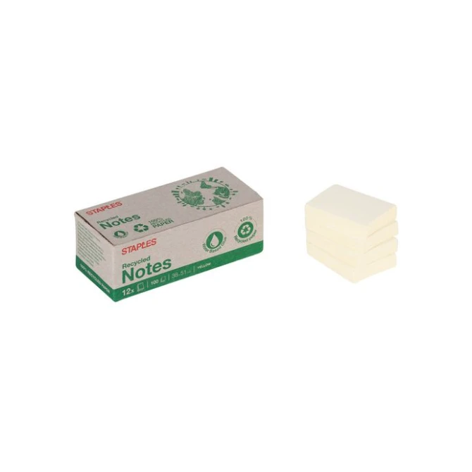 Staples Recycled Zelflevend Notitieblok 38 x 51 mm 70 grams pastelgeel (pak 12 blokken)