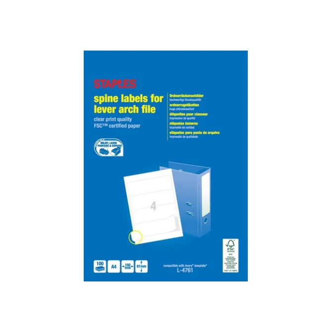 Staples Rugetiketten 192 x 61 mm Afgerond 4 Etiketten per vel Wit (pak 400 stuks)
