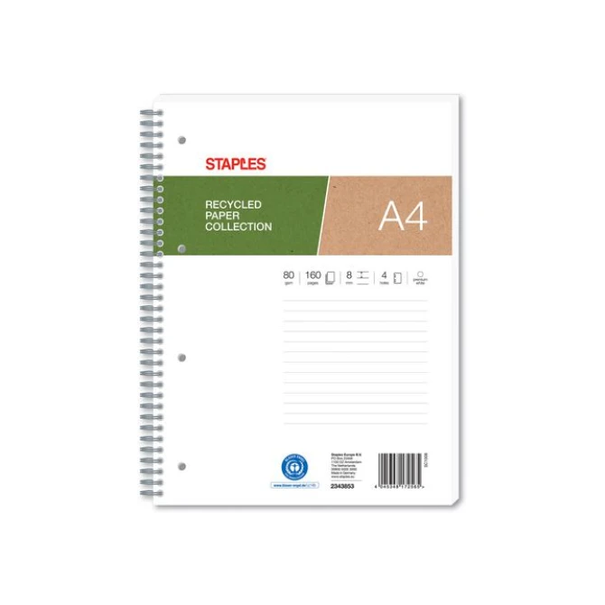 Staples Spiraalblok A4 Gerecycled Gelinieerd 4 Gaats 80 vel (pak 5 stuks)
