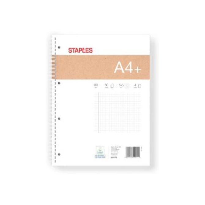 Staples Spiraalblok A4+ Geruit 5 mm 4 Gaats 80 vel (pak 10 x 80 vel) Staples Spiraalblok A4+ Geruit 5 mm 4 Gaats 80 vel (pak 10 x 80 vel)