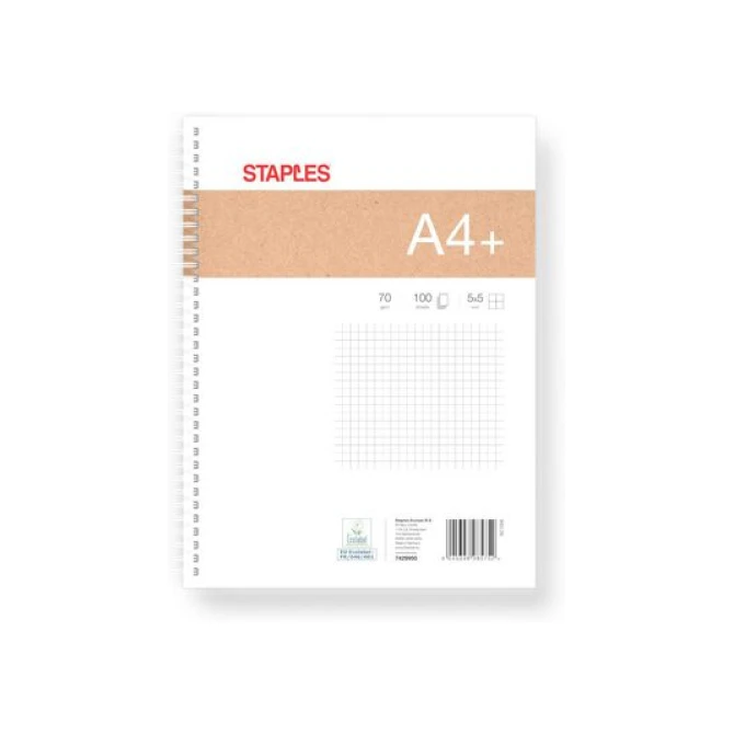 Staples Spiraalblok A4+ Geruit 5 mm (pak 5 x 100 vel)