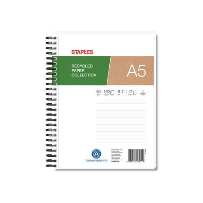 Staples Spiraalblok A5+ Gerecycled Gelinieerd 80 g/m2 80 vel (pak 5 stuks)