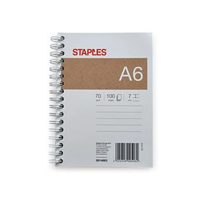 Staples Spiraalblok A6 Gelinieerd Blauw (pak 5 x 100 vel)