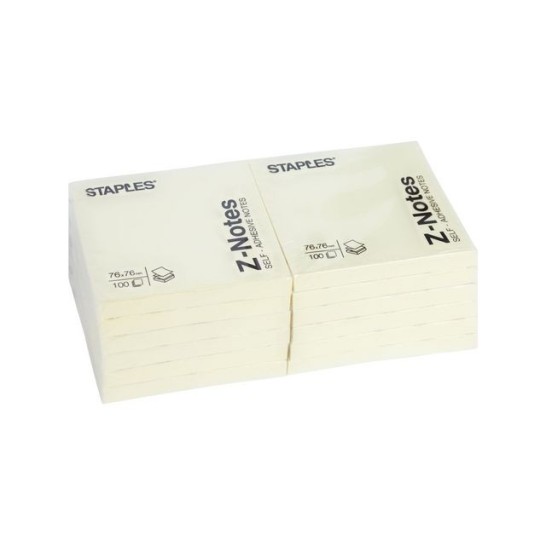 Staples Sticky Z-Notes Notitieblok 76 x 76 mm Geel (pak 12 x 100 vel)