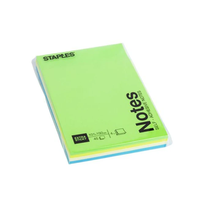 Staples Super Sticky Zelfklevend Notitieblok 101 x 150 mm Assortiment (pak 4 x 45 vel) Staples Super Sticky Zelfklevend Notitieblok 101 x 150 mm Assortiment (pak 4 x 45 vel)