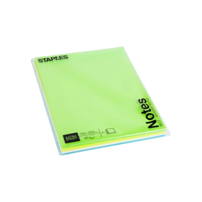 Staples Super Sticky Zelfklevend Notitieblok 150 x 203 mm Assortiment (pak 4 x 45 vel)