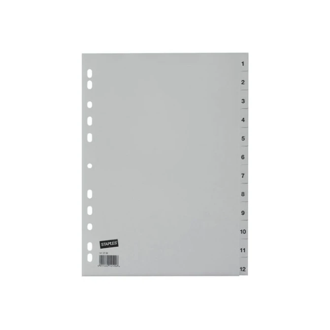 Staples Tabbladen grijs kunststof 11 rings A4 bedrukte tabs 1-12 (set 12 vel)