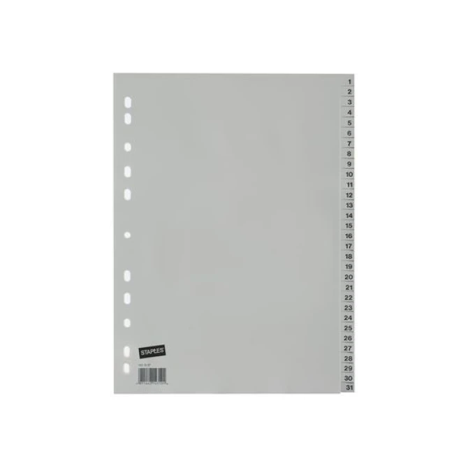 Staples Tabbladen grijs kunststof 11 rings A4 bedrukte tabs 1-31 (set 31 vel)