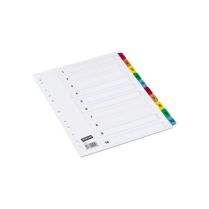 Staples Tabbladen wit karton met gekleurde tabs 11 rings A4 bedrukte tabs 1-10 (set 10 vel)