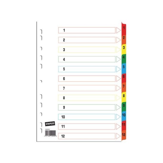 Staples Tabbladen wit karton met gekleurde tabs 11 rings A4 bedrukte tabs 1-12 (set 12 vel)