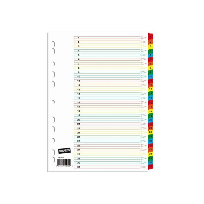 Staples Tabbladen wit karton met gekleurde tabs 11 rings A4 bedrukte tabs 1-31