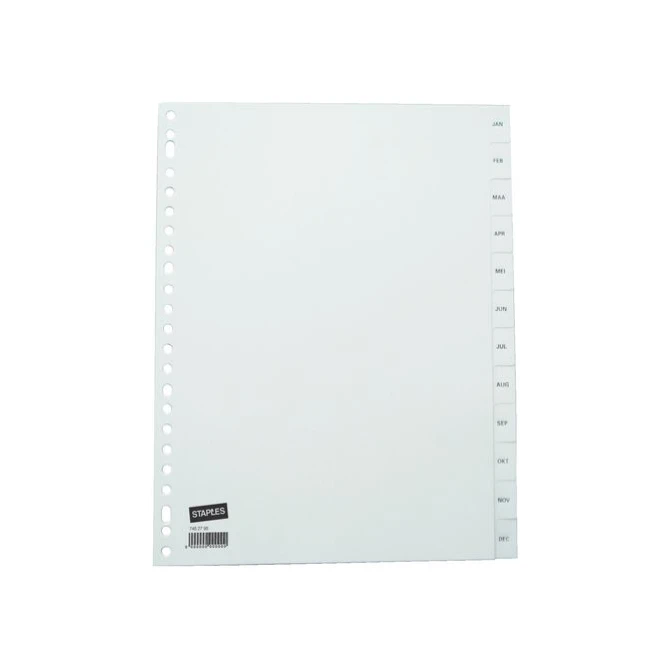 Staples Tabbladen wit kunststof 23 rings A4 bedrukte tabs januari-december (set 12 vel)