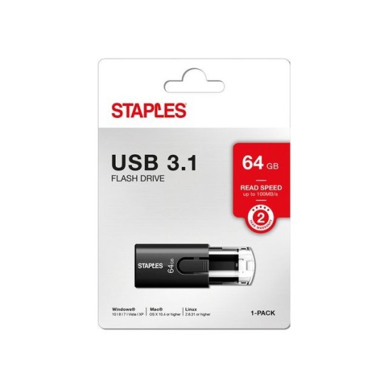 Staples USB-Stick 31 met schuifregelaar 64 GB Zwart (blister 1 stuk)