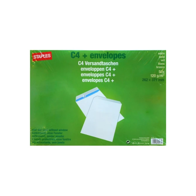Staples Zakelijke envelop 371 x 262 mm zelfklevende wit (pak 50 stuks)