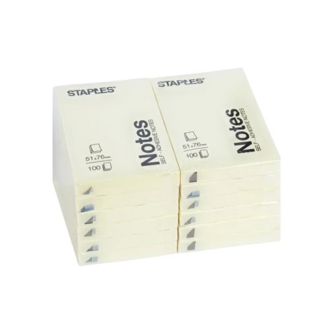 Staples Zelfklevend Notitieblok 51 x 76 mm Geel (pak 12 x 100 vel)