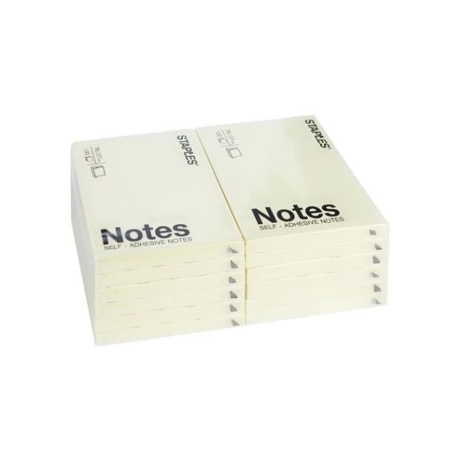 Staples Zelfklevend Notitieblok 76 x 102 mm Geel (pak 12 x 100 vel)
