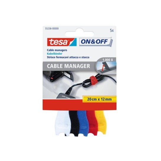 TESA® On & Off Cable Manager Universal Kabelbinder Klittenband 12 x 200 mm Assorti (pak 5 stuks)