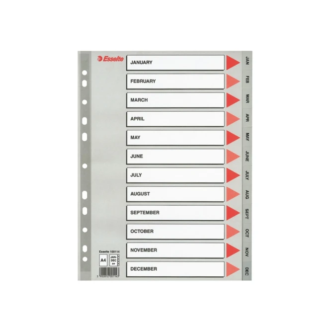 Tabblad ESSELTE 11r A4 PP jan-dec grijs