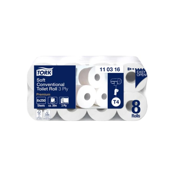 TORK Premium T4 Toiletpapier Soft 3-laags 250 vel 29 m Wit (pak 8 rollen) TORK Premium T4 Toiletpapier Soft 3-laags 250 vel 29 m Wit (pak 8 rollen)