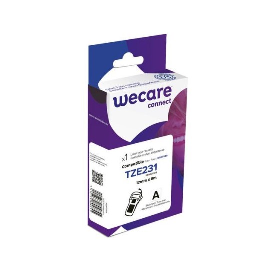 Wecare Tape. Compatibel met P-Touch TZ-231. 12 mm. Zwart op wit
