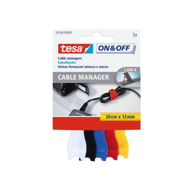 TESA® On & Off Cable Manager Universal Kabelbinder Klittenband 12 x 200 mm Assorti (pak 5 stuks)