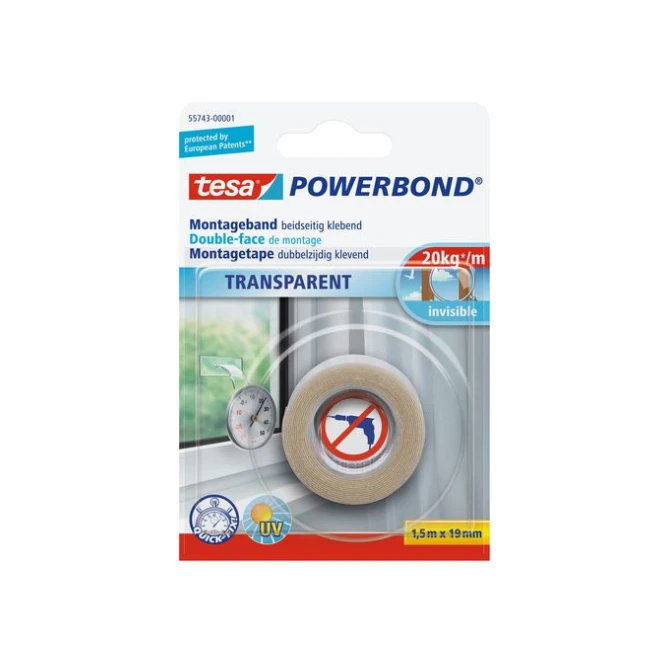 TESA® Powerbond® Dubbelzijdig Montagetape 19 mm x 15 m Transparant (rol 15 meter) TESA® Powerbond® Dubbelzijdig Montagetape 19 mm x 15 m Transparant (rol 15 meter)