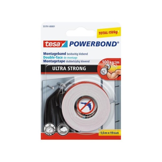 tesa® Powerbond Ultra Strong Dubbelzijdig Montagetape 19 mm x 1.5 m Wit (blister 1 stuk)
