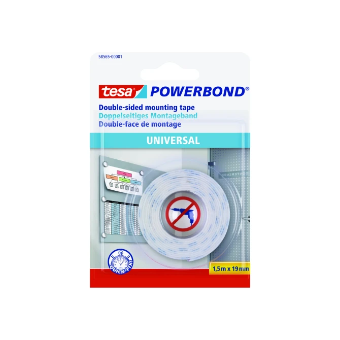 tesa® Powerbond® Universal 58565 Dubbelzijdige Bevestigingstape.19 mm x 1.5 m. Wit (rol 1.5 meter)