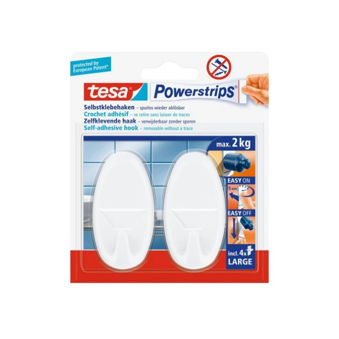 TESA® Powerstrips Large Ovaal Zelfklevende Haak Verwijderbaar Wit (pak 2 stuks) TESA® Powerstrips Large Ovaal Zelfklevende Haak Verwijderbaar Wit (pak 2 stuks)
