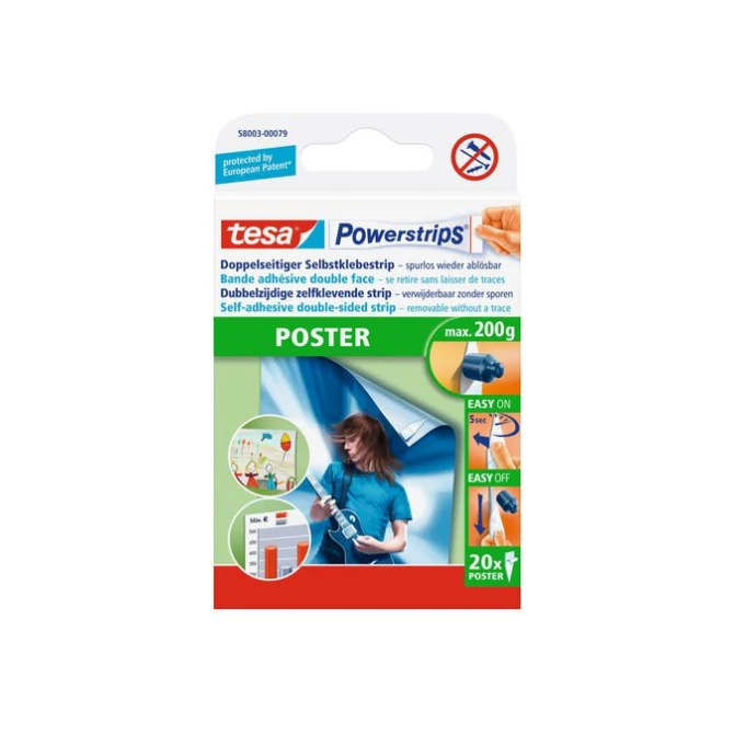 TESA® Powerstrips Poster Dubbelzijdige Klevende Strips Verwijderbaar Wit (pak 20 stuks)